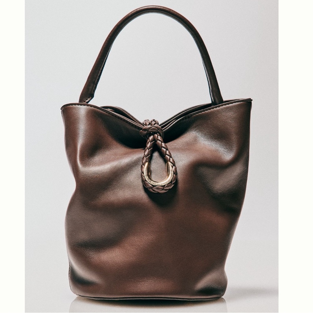 NWT Anthropologie / Aota Twist Tie Top-Handle Bucket Bag Chocolate Brown Woven